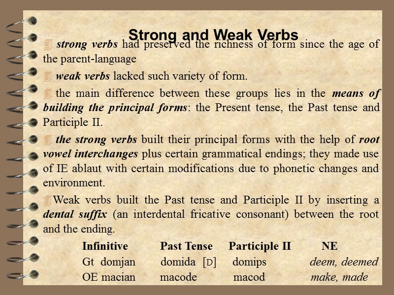 strong verbs had preserved the richness of form since the age of the parent-language